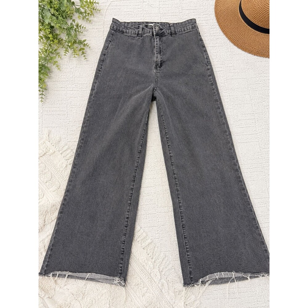 Anniewear August Wide Leg Crop Jeans Women's L Black High Rise Raw Hem Stretch